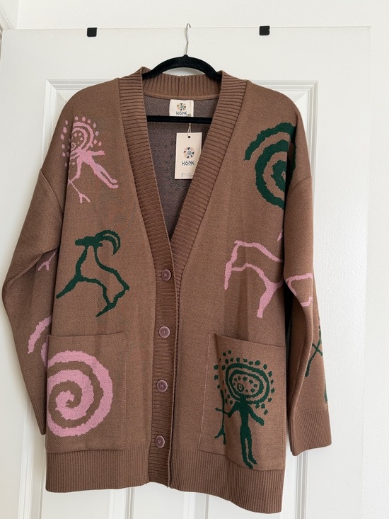 Kori Sweaters - Brown Cardigan with Pink & Green Motifs